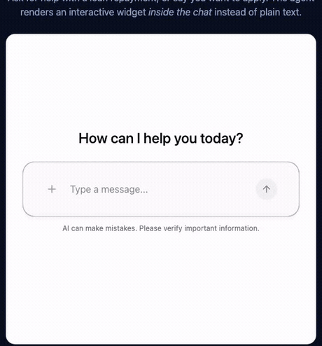 The AG-UI demo: the agent renders an interactive loan calculator, then an application form, right inside the chat