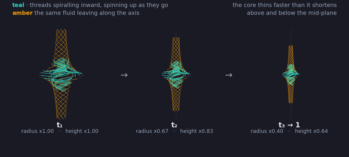 Three snapshots of the vortex core as a bundle of fluid threads: teal threads spiral inward and spin up near a mid-plane while amber threads leave along the axis above and below it, and from one snapshot to the next the bundle thins faster than it shortens