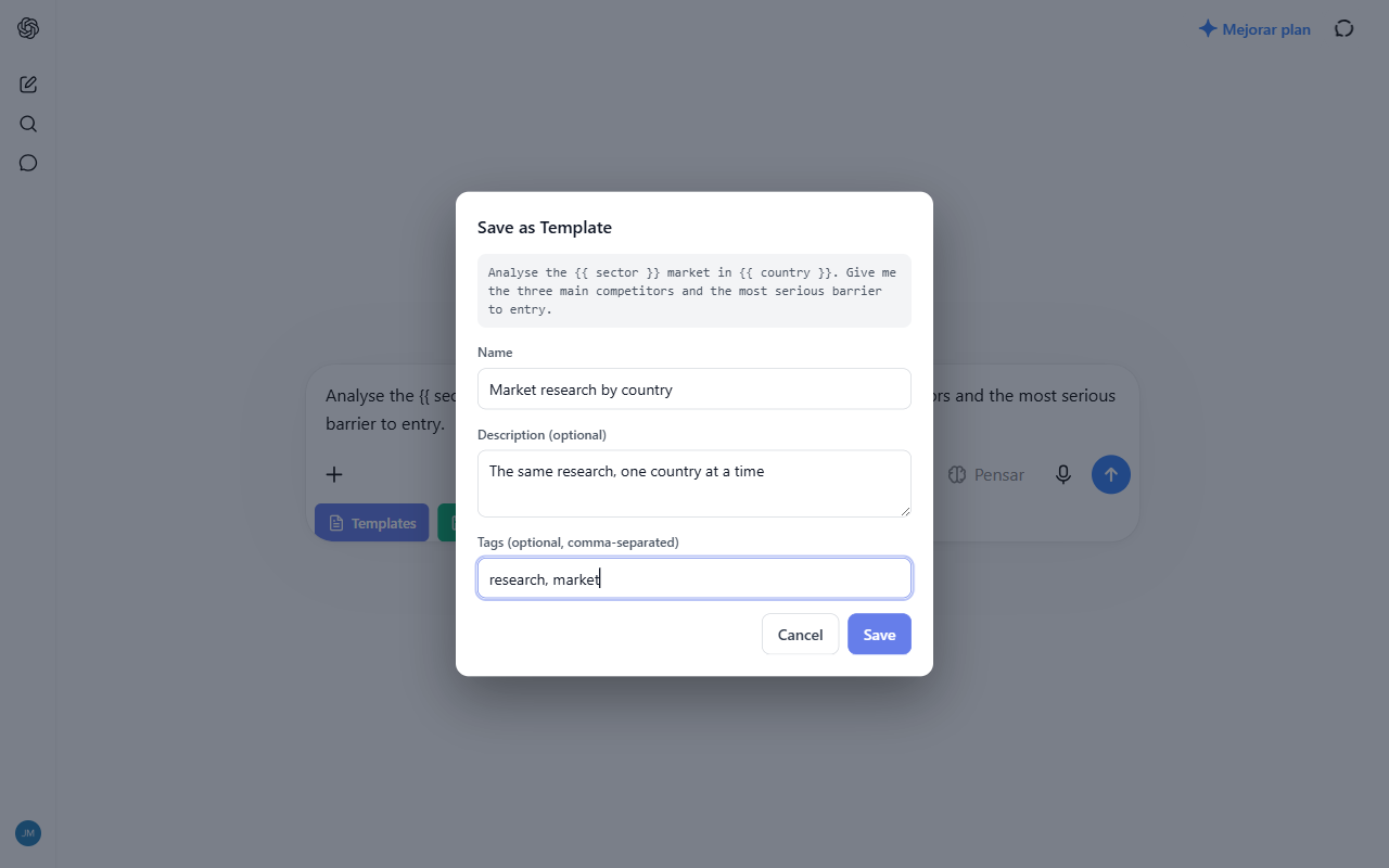 The Save as Template dialog open over a ChatGPT conversation, turning a market-research prompt into a template with {{ sector }} and {{ country }} as its placeholders